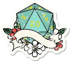 natural twenty D20 dice roll grunge sticker vector