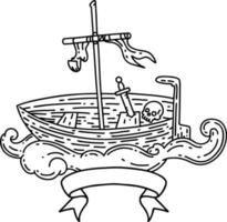 banner with black line work tattoo style empty boat with skull vector