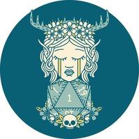 crying elf druid character face with natural one D20 roll illustration vector