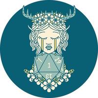 crying elf druid character face with natural one D20 roll illustration vector