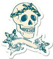 grunge sticker with banner of a skull with laurel wreath crown vector