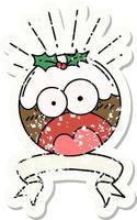 grunge sticker of tattoo style shocked christmas pudding vector