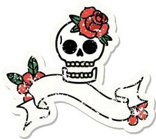 pegatina grunge con una pancarta de una calavera y una rosa vector