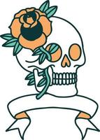 tattoo with banner of a skull and rose vector