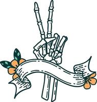 tattoo with banner of a skeleton hand giving a peace sign vector
