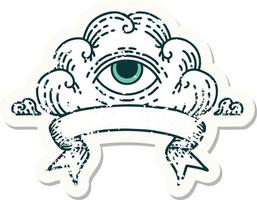 grunge sticker with banner of an all seeing eye cloud vector