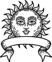 black linework tattoo with banner of a sun with face vector