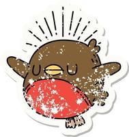 grunge sticker of tattoo style flapping robin vector