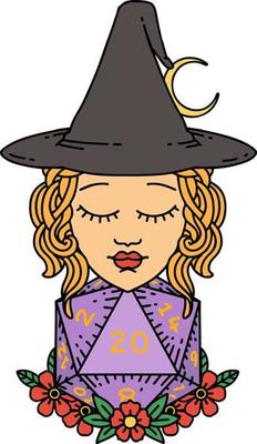 human witch with natural twenty dice roll illustration