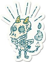 grunge sticker of tattoo style skeleton demon character vector