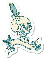 tattoo sticker with banner of a skull and dagger vector