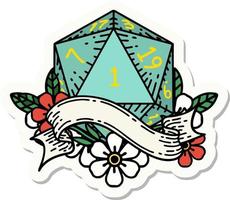 natural one d20 dice roll sticker vector