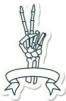 tattoo sticker with banner of a skeleton hand giving a peace sign vector