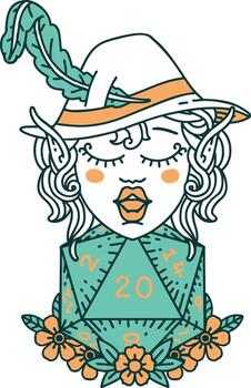 elf bard character with natural twenty dice roll illustration vector