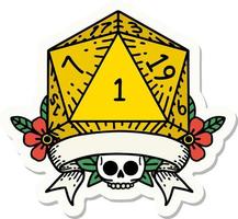 natural one d20 dice roll sticker vector