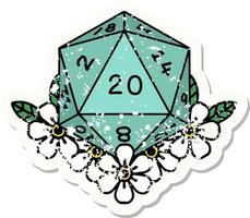 natural 20 D20 dice roll with floral elements grunge sticker vector