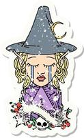 crying elf mage character face with natural one D20 roll grunge sticker vector