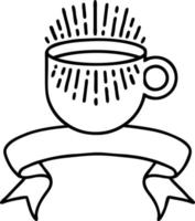 black linework tattoo with banner of cup of coffee vector