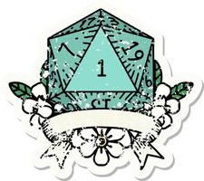 natural one d20 dice roll grunge sticker vector