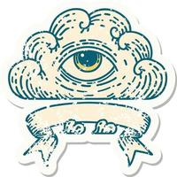 grunge sticker with banner of an all seeing eye cloud vector