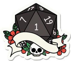 natural one d20 dice roll sticker vector