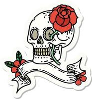 pegatina de tatuaje con pancarta de calavera y rosa vector