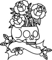 black linework tattoo with banner of a skull and roses vector