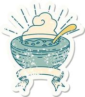 grunge sticker of tattoo style bowl of soup vector