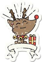 grunge sticker of tattoo style christmas reindeer with present vector