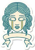 tattoo sticker with banner of female face crying vector