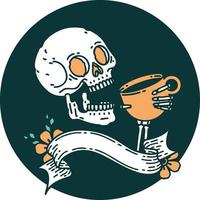 icono con pancarta de una calavera bebiendo café vector