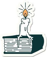 sticker of tattoo style candle melting on book vector