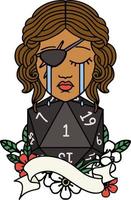 crying human rogue with natural one D20 roll illustration vector