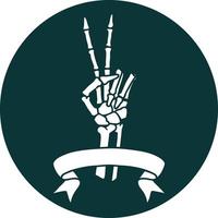 icon with banner of a skeleton hand giving a peace sign vector