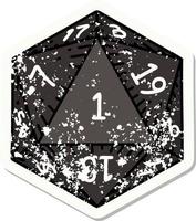 natural 1 D20 dice roll grunge sticker vector