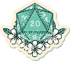 natural 20 D20 dice roll with floral elements grunge sticker vector