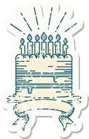 grunge sticker of tattoo style birthday cake vector