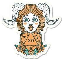 tiefling with D20 natural twenty dice roll sticker vector