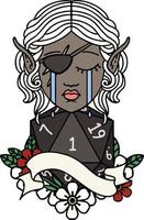 crying elf rogue character face with natural one D20 roll illustration vector