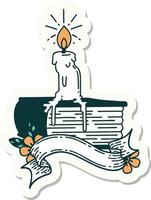 sticker of tattoo style candle melting on book vector