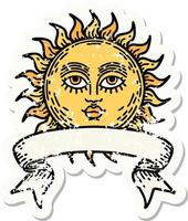 grunge sticker with banner of a sun with face vector