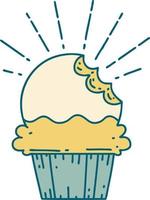 traditional tattoo style cupcake with missing bite vector
