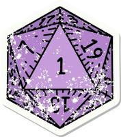 natural 1 D20 dice roll grunge sticker vector