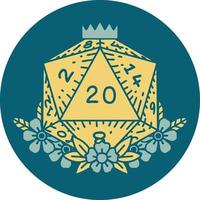 natural 20 D20 dice roll with floral elements illustration vector