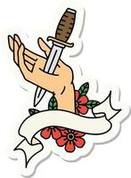 tattoo sticker with banner of a dagger in the hand vector