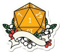 natural one d20 dice roll sticker vector