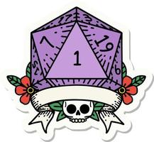 natural one d20 dice roll sticker vector