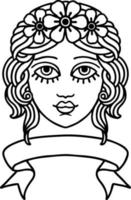 black linework tattoo with banner of female face with crown of flowers vector