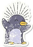 grunge sticker of tattoo style happy penguin vector