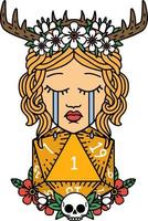 crying human druid with natural one D20 roll illustration vector